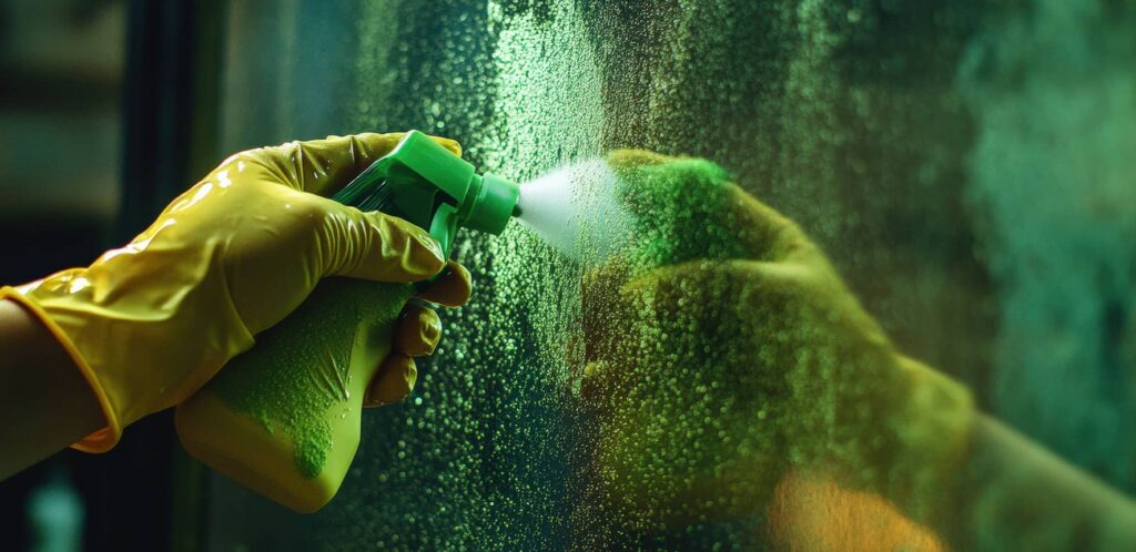 Gebäudeservice und Spezialreinigung: Erfahrene Reinigungskraft bei der manuellen Reinigung der Scheiben eines Aquariums.