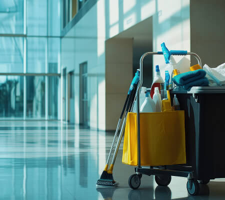 Gezielte Flächendesinfektion: Detailaufnahme einer Reinigungskraft beim Aufsprühen von Reinigungsmittel auf eine Oberfläche.