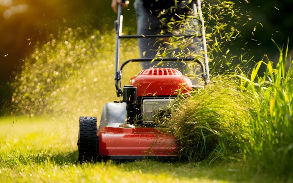 Professioneller Mähservice: Roter Rasenmäher schneidet hohes Gras auf einer Grünfläche.