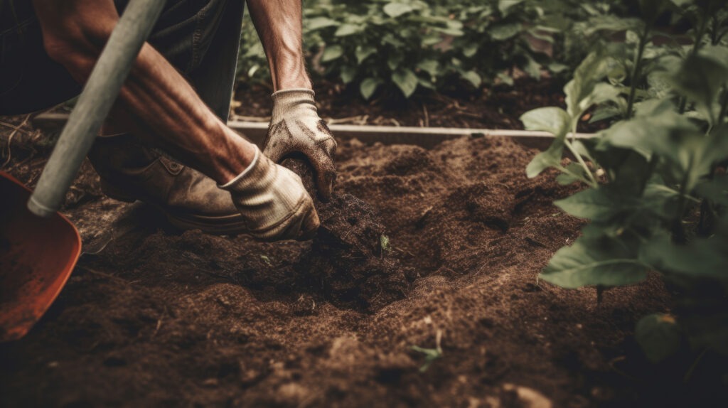 Professionelle Beetpflege: Gärtner bei Erdarbeiten und Unkrautentfernung im Garten.