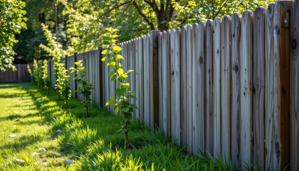 Fachgerechte Gartenpflege: Gepflegter Holzzaun und frisch gemähter Rasen einer Wohnanlage.