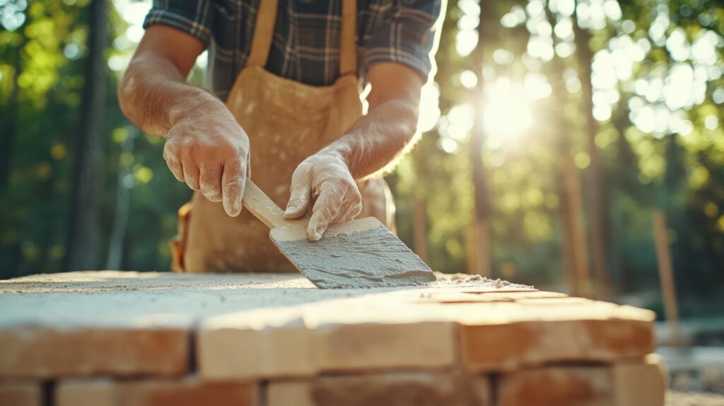 Maurerarbeiten im Garten: Handwerker trägt Mörtel für eine neue Mauer auf.