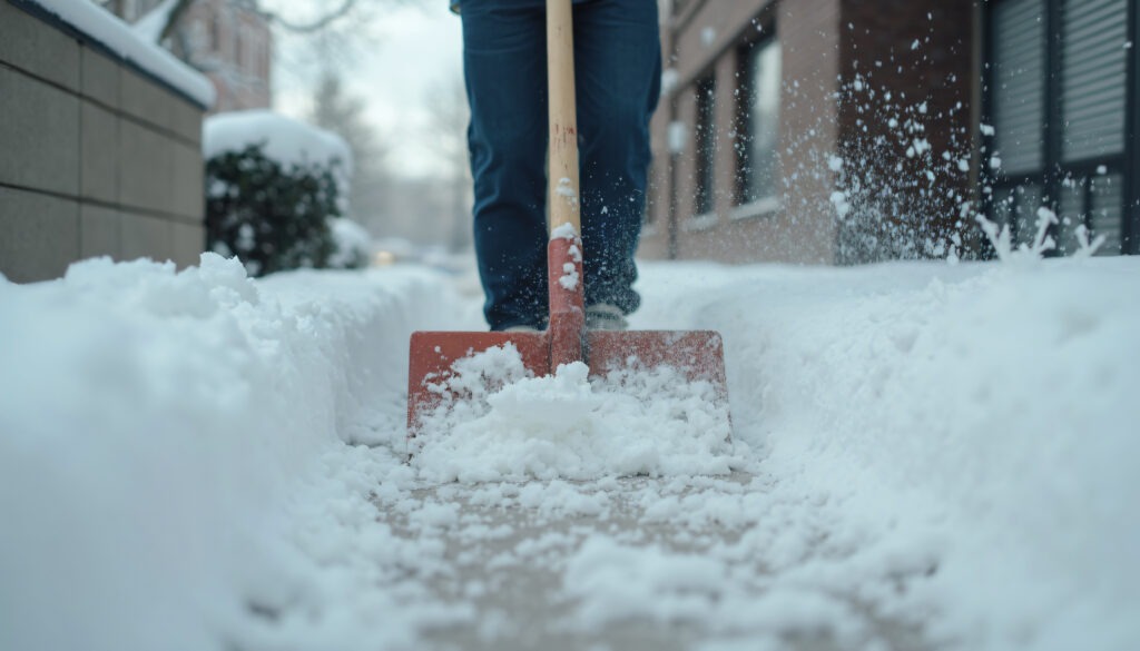 Zuverlässiger Winterdienst: Schneeräumen auf dem Gehweg mit einer Schneeschaufel.