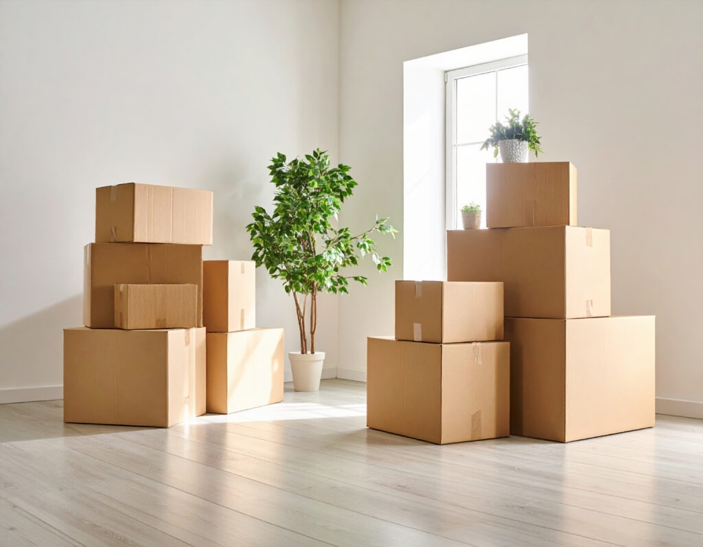 Professioneller Umzugsservice: Stapel von Umzugskartons in einem hellen, leeren Zimmer.