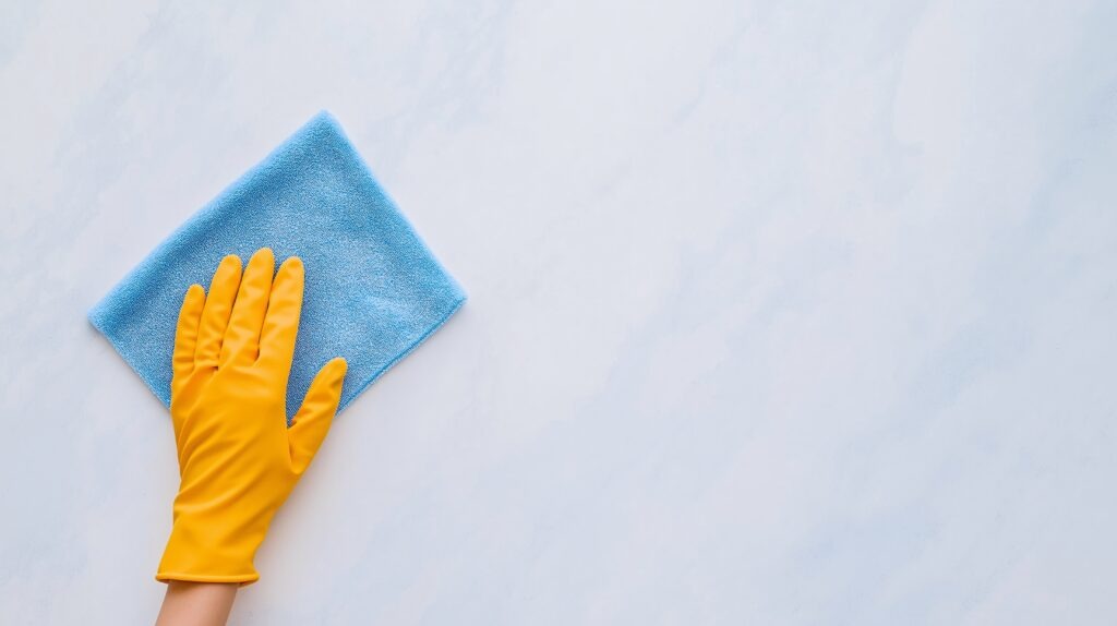 Professionelle Oberflächenreinigung: Hand mit Handschuh und Mikrofasertuch säubert helle Fläche.