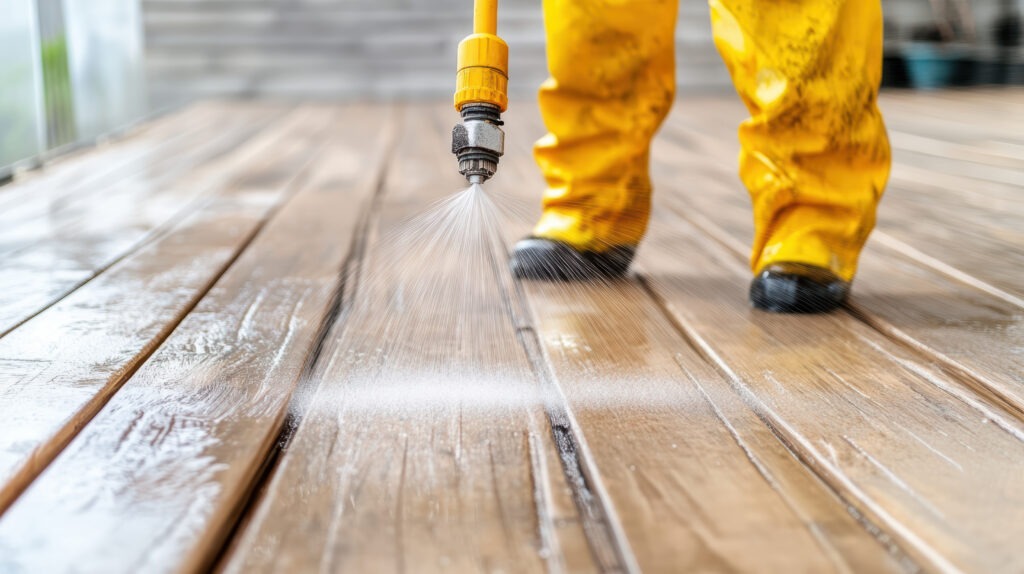 Professionelle Terrassenreinigung: Hochdruckreiniger säubert eine Holzterrasse.