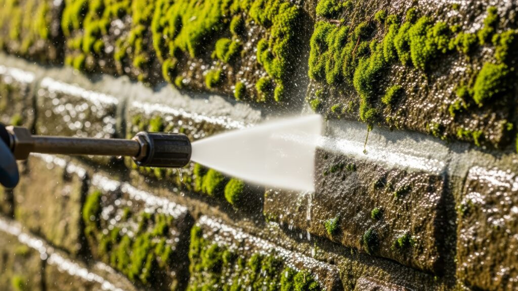 Professionelle Moosentfernung: Hochdruckreiniger säubert verwitterte Mauer.